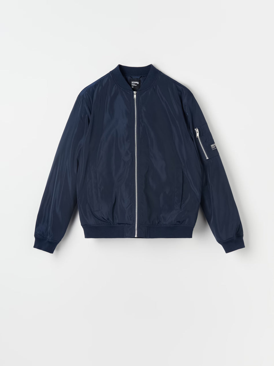 Navy blue bomber jacket on a light gray background