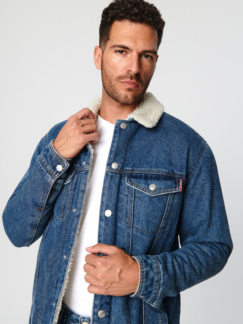 Sinsay Men's Dark Blue Denim Sherpa Jacket|Sinsay In Lebanon