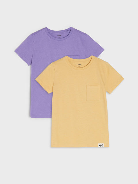 Purple and yellow t-shirts stacked on a light gray background
