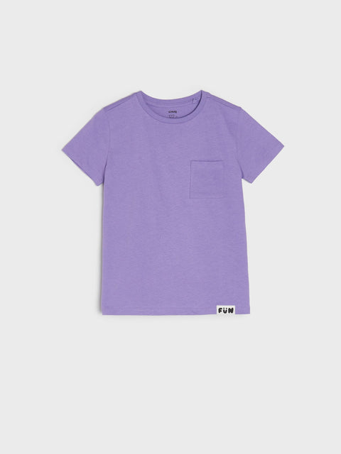 Purple t-shirt with a small pocket on a light gray background