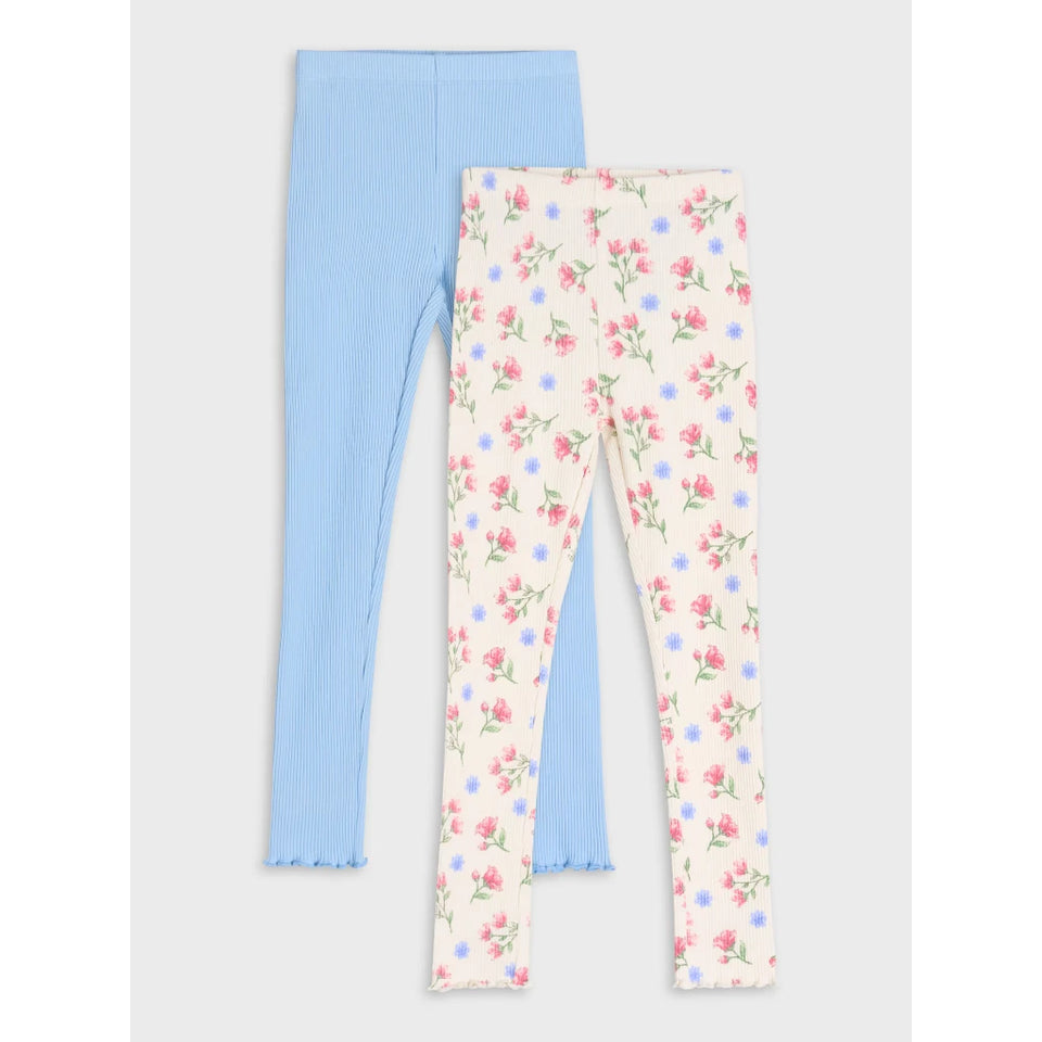 Two pairs of children's leggings laid flat on a light gray background. The back pair is light blue ribbed, and the front pair is cream with a pink and blue floral print.