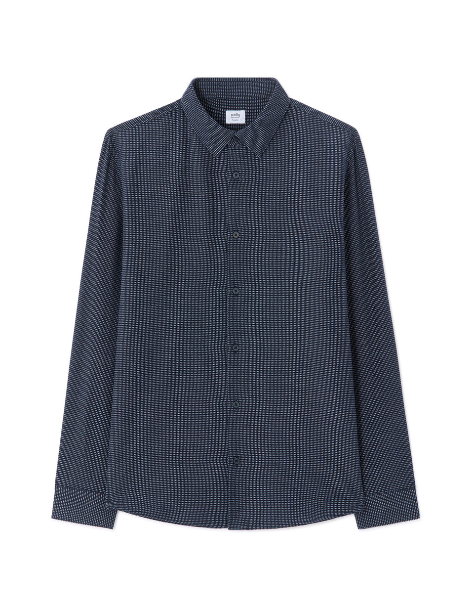 Dark blue patterned shirt on a white background