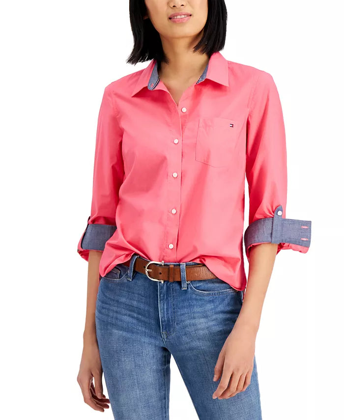 Tommy Hilfiger Women's Fuchsia Cotton Roll-tab Button-up Shirt |Tommy Hilfiger In Lebanon
