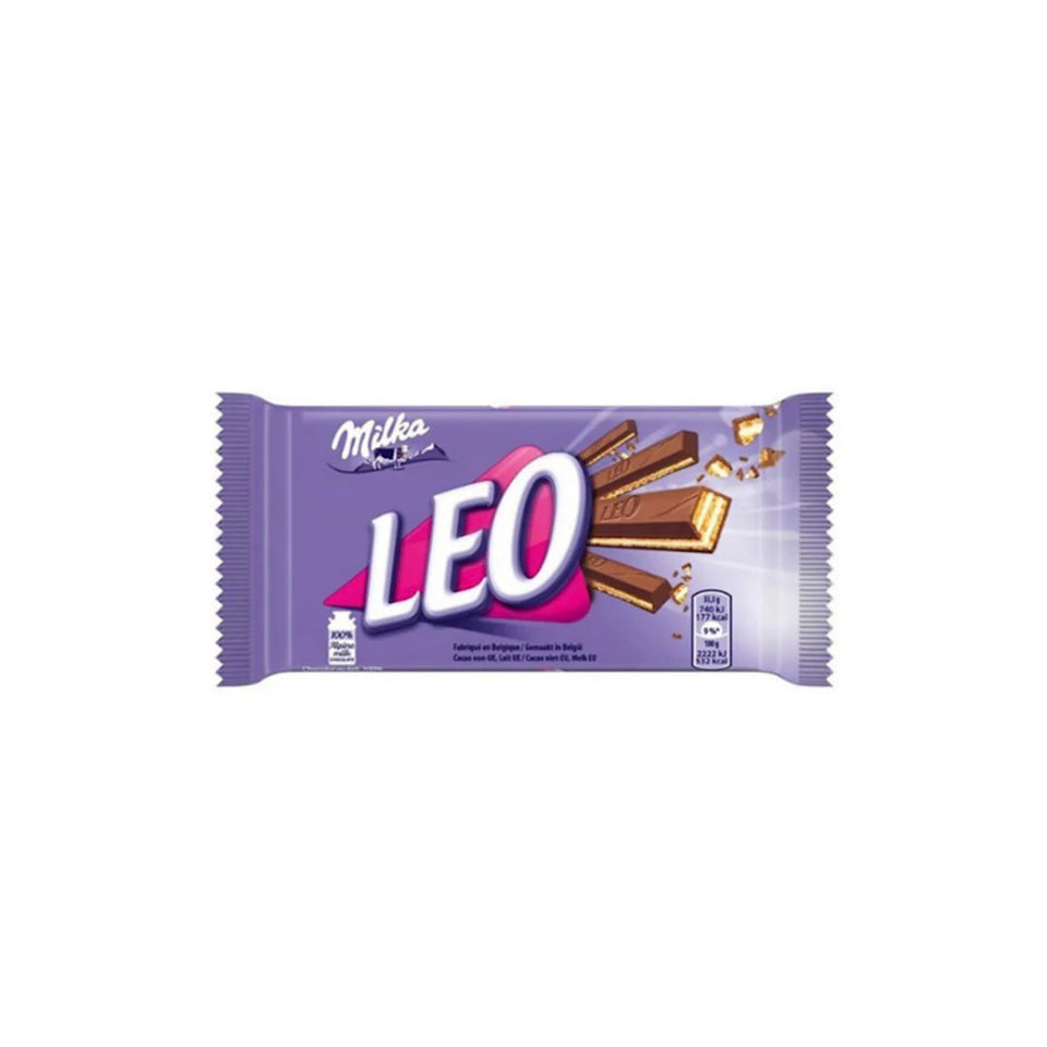 A packaged Milka Leo chocolate bar with visible chocolate pieces on the front.