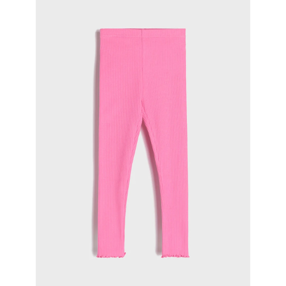 Bright pink ribbed knit leggings with a raw, frayed hem, shown flat against a light gray background.