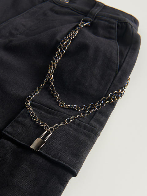 Reserved Girl's Black Cargo Jogger With Chain Detail | Reserved In Lebanon