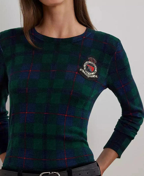 Lauren Ralph Lauren Women's Green & Navy Watch Plaid Beaded-Crest Long Sleeve Blouse | Lauren Ralph Lauren In Lebanon