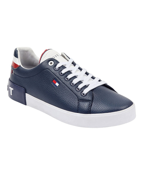 Navy blue sneaker with white laces on a white background