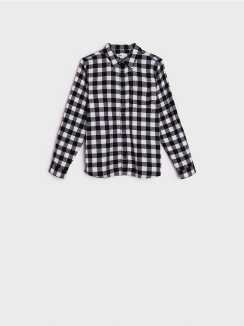 Black and white checkered shirt on a light gray background