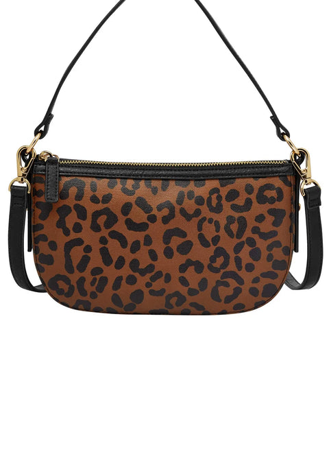 Leopard print handbag with a black strap on a white background