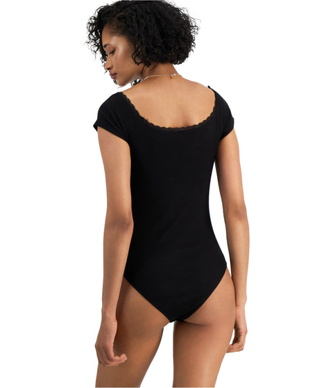 Self Esteem Women's Black Ribbed Lace-Trim Cap-Sleeve Bodysuit | Self Esteem In Lebanon
