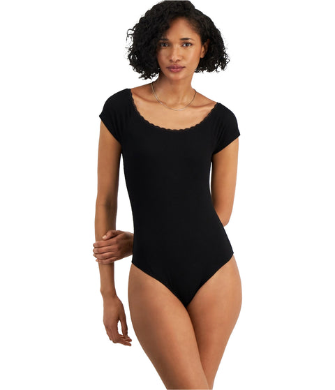 Self Esteem Women's Black Ribbed Lace-Trim Cap-Sleeve Bodysuit | Self Esteem In Lebanon