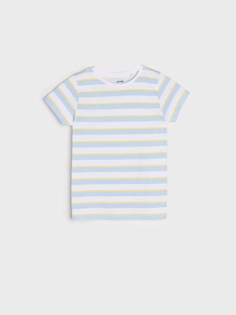Striped t-shirt with blue and yellow horizontal stripes on a white background