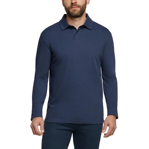 Man wearing a navy long-sleeve polo shirt on a white background