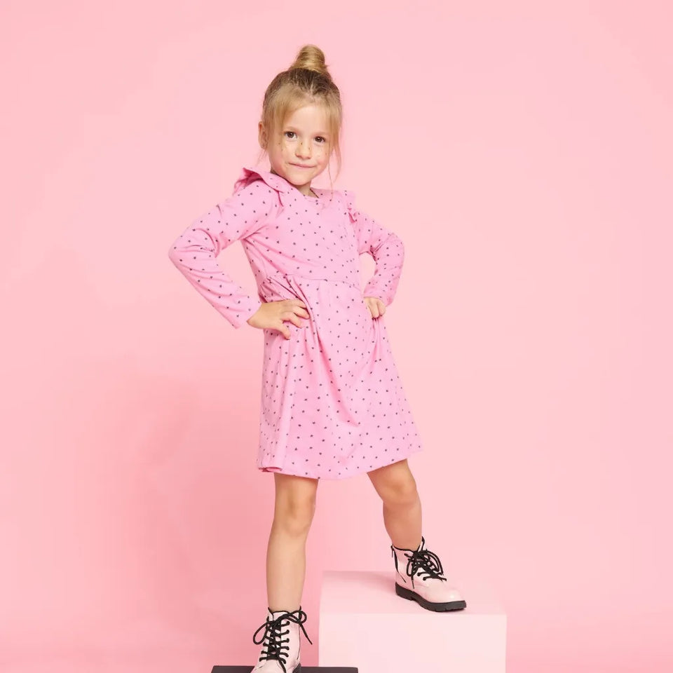Sinsay Girl's Pink Long Sleeve Ruffled All Over Stars Printed Dress