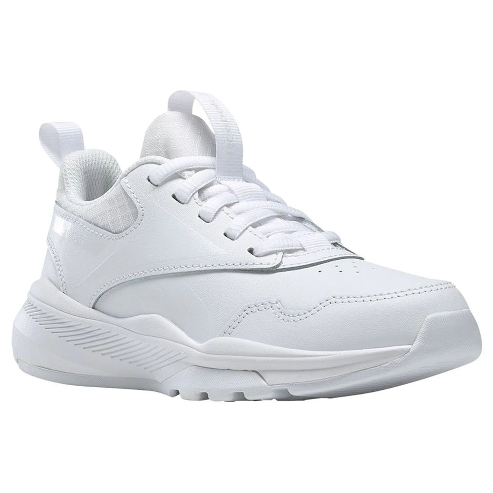 A white low-top athletic sneaker with white laces, a thick textured sole, and a pull tab on the heel, shown against a plain white background.