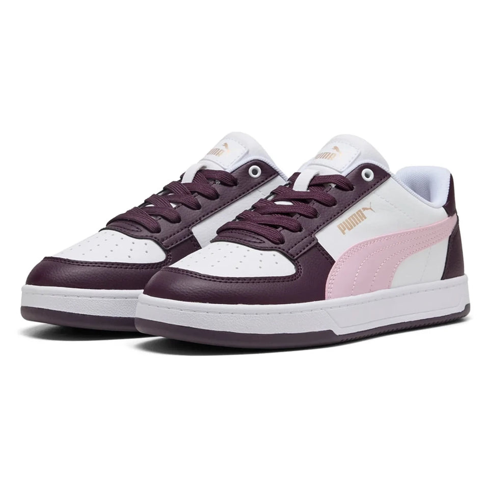 A pair of Puma Classic Racing sneakers in white, burgundy, and light pink, shown from a three-quarters angle on a white background.