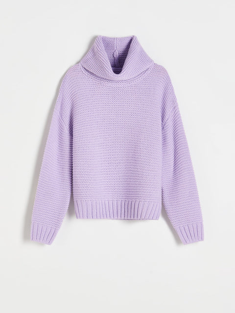 Lavender sweater with a high neckline on a white background