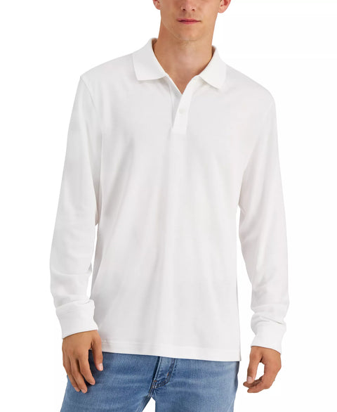 Man wearing a white long-sleeve polo shirt on a white background