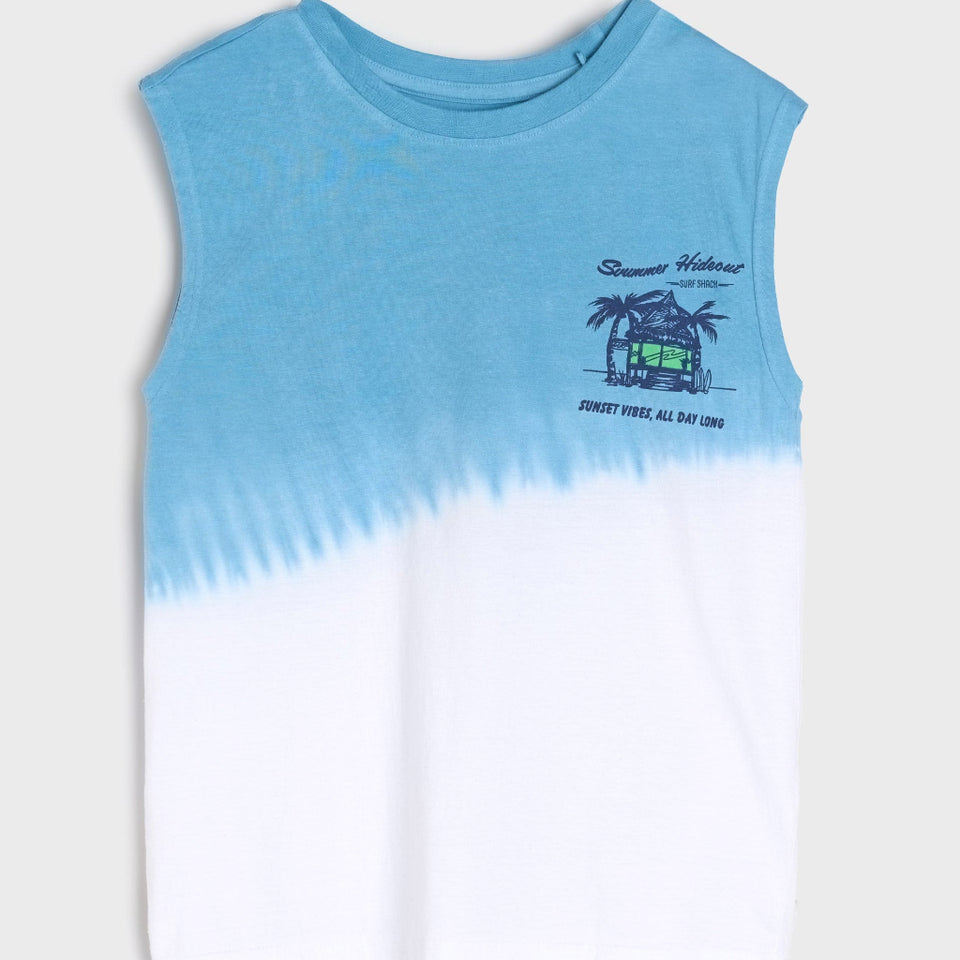Blue and white tie-dye tank top with graphic design on a light gray background