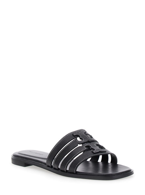Black sandal with a logo on a white background