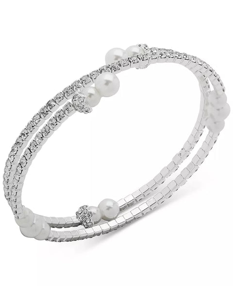 Anne Klein Women's Silver-Tone Imitation Pearl & Crystal Coil Bracelet | Anne Klein In Lebanon