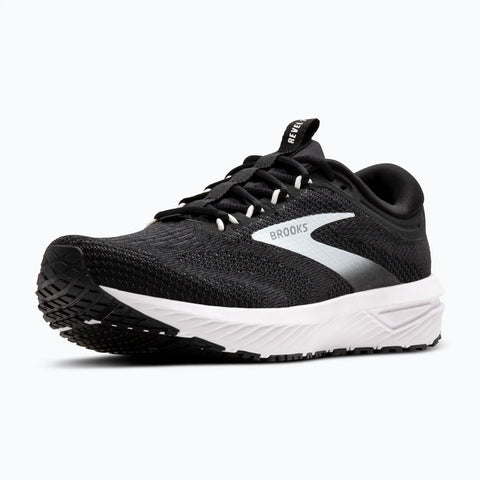 Black and white running shoe with 'Brooks' branding on a white background