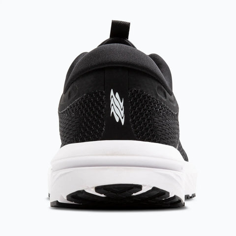 Black athletic shoe with a white sole on a white background