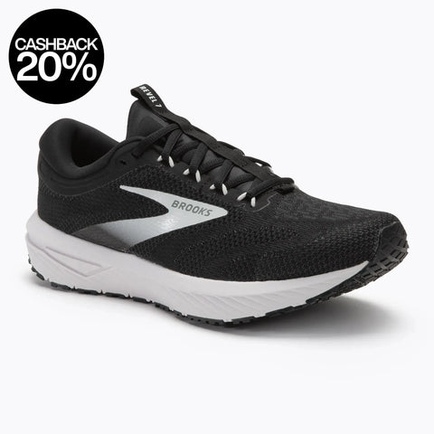 Black running shoe with white sole on a white background