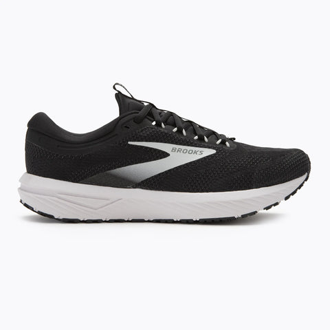 Black running shoe with white sole on a light gray background