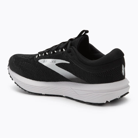 Black running shoe with white sole on a white background