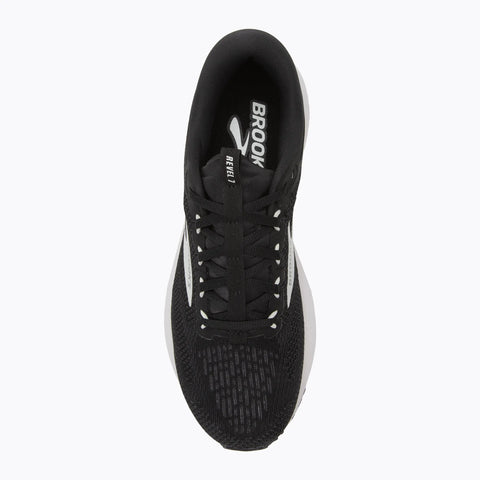 Black running shoe with white laces on a white background