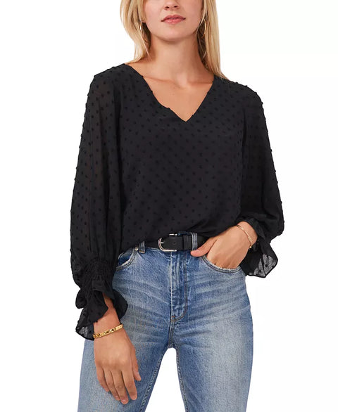Vince Camuto Women's Black Clip-Dot Smocked-Cuff Top | Vince Camuto In Lebanon