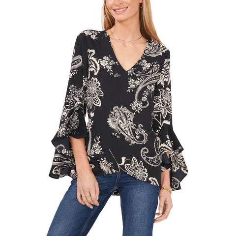 Vince Camuto Women's Black Floral Flutter Sleeve V-Neck Blouse |Vince Camuto In Lebanon