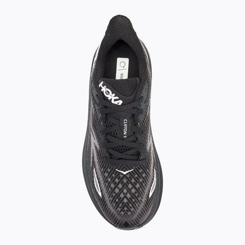Black running shoe with Hoka branding on a white background