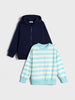 A two-piece children's clothing set featuring a navy blue zip-up hoodie and a light blue and white striped long-sleeve sweatshirt, displayed against a light gray background.