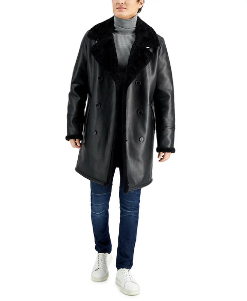Guess Men's Black Long Pleather Double Breasted Coat with Faux Shearling Cuff and Collar | Guess In Lebanon