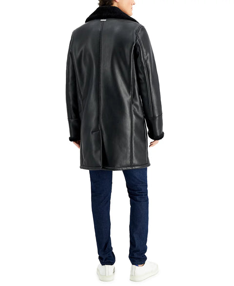 Guess Men's Black Long Pleather Double Breasted Coat with Faux Shearling Cuff and Collar | Guess In Lebanon