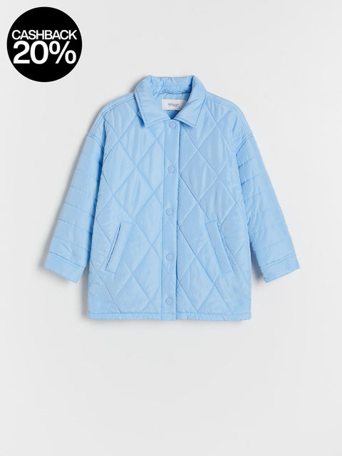 Light blue quilted jacket on a light gray background with a cashback 20% badge.