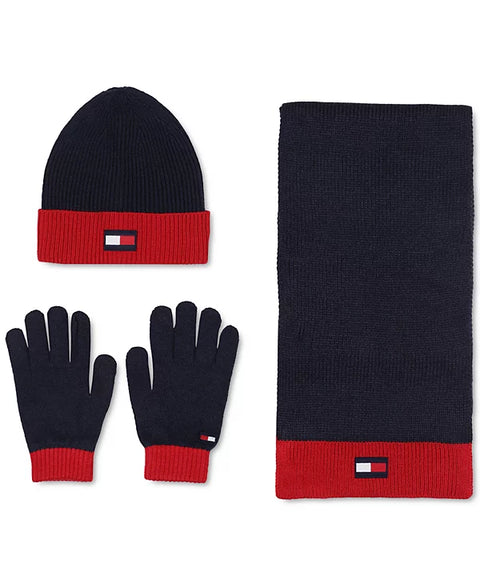 Tommy Hilfiger Men's Navy/Red Flag Patch Beanie, Gloves & Scarf Set | Tommy Hilfiger In Lebanon