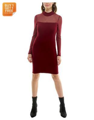 Crave Fame Women's Burgundy Juniors' Illusion Mock Neck Bodycon Dress | Crave Fame In Lebanon