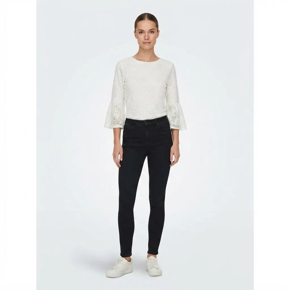 Kasper Women's White Lace Round Neckline & Flared Bell Long-Sleeve Blouse