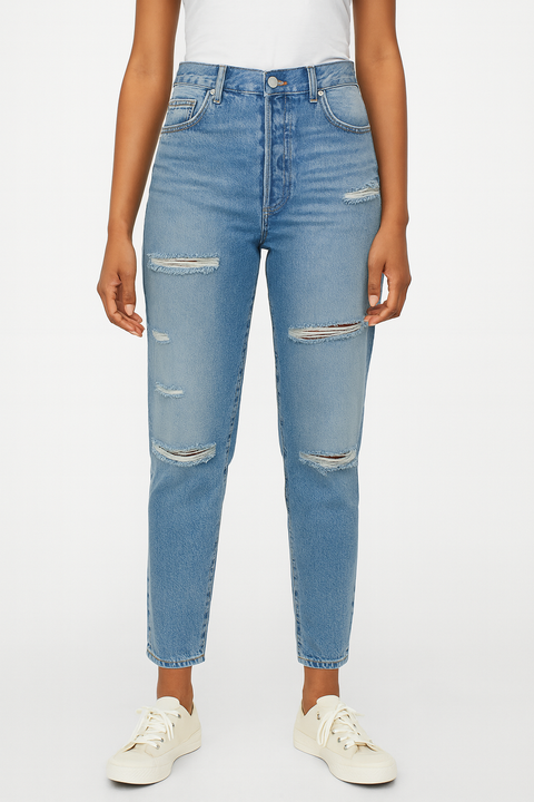 Forever 21 Women's Blue Ripped High Rise Tapered Leg Jeans | Forever 21 In Lebanon