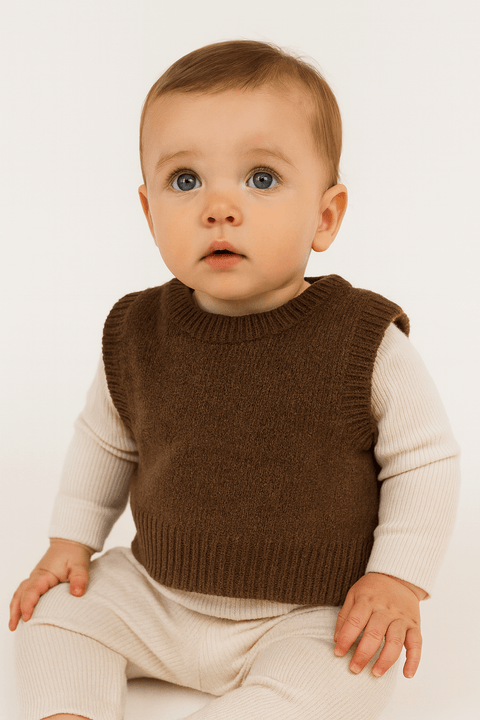 POMPdeLUX Baby Boy's Khaki Knited Round Neck Vest | POMPdeLUX In Lebanon