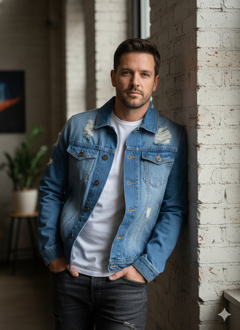 Rebel Men's Blue Jason Ripped Washed Denim Jacket |Rebel In Lebanon