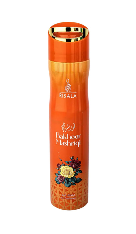Orange bottle with floral design and 'Risala' branding on a white background