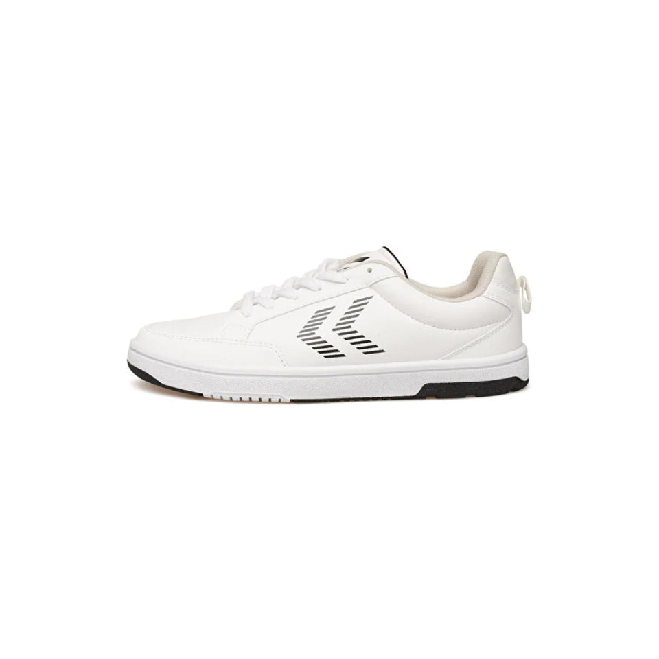 A white low-top athletic sneaker shown from the side profile against a solid white background. The shoe features a white leather upper, white laces, a black and white chevron logo on the side, and a black outsole.