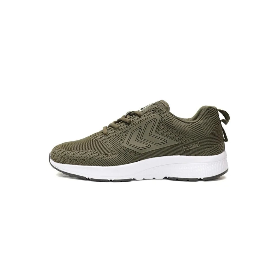 An olive green athletic sneaker with a textured knit upper, matching laces, and a thick white midsole, shown from a side profile on a white background.