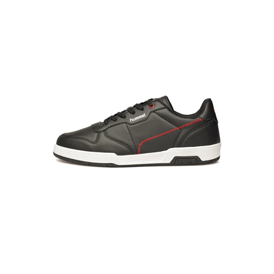 A black Reebok low-top sneaker with red contrast stitching and a white midsole, shown in a side profile on a white background.