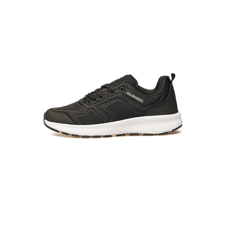 A black athletic sneaker with a white midsole and a small tan outsole accent, shown from the side against a plain white background.